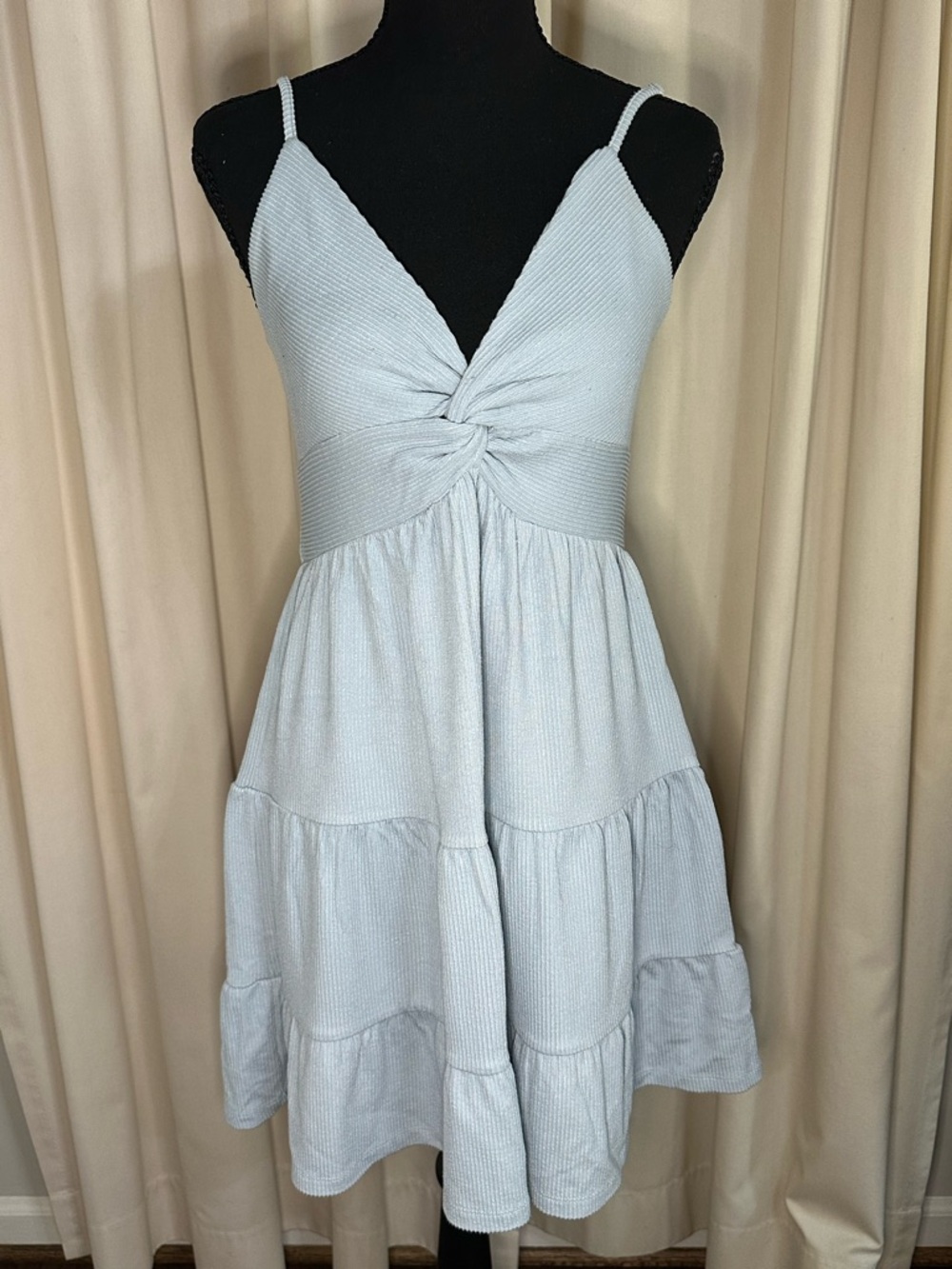 Twist-Front Light Blue Spaghetti Strap Mini Dress